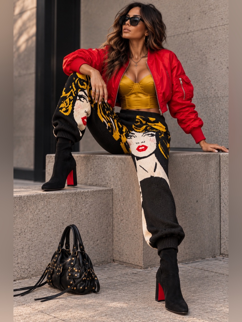AKIRA Pop Art Face Graphic Knit Jogger Pants Black Gold Red Small